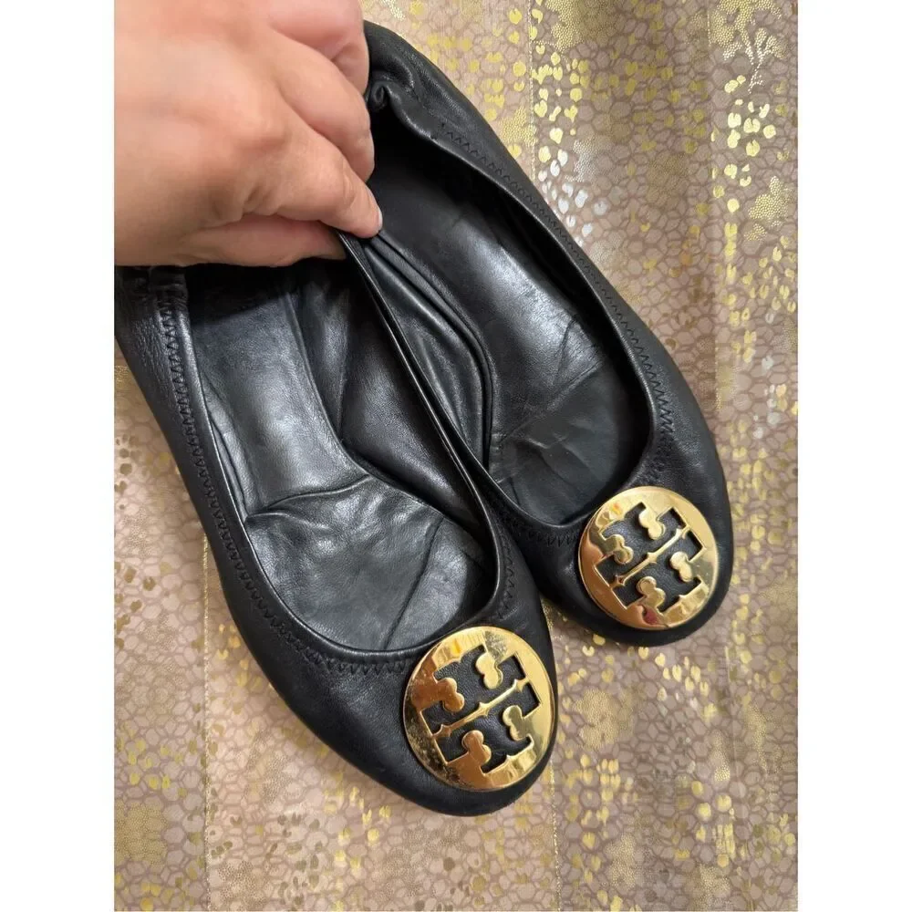 Tory Burch Reva Black Leather Gold Logo USED Ballet Slip On Flats 7.5-8